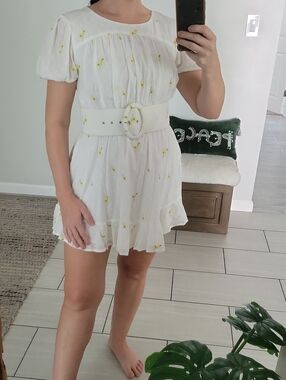 For Love & Lemons White Mini Dress with Yellow Floral Motif